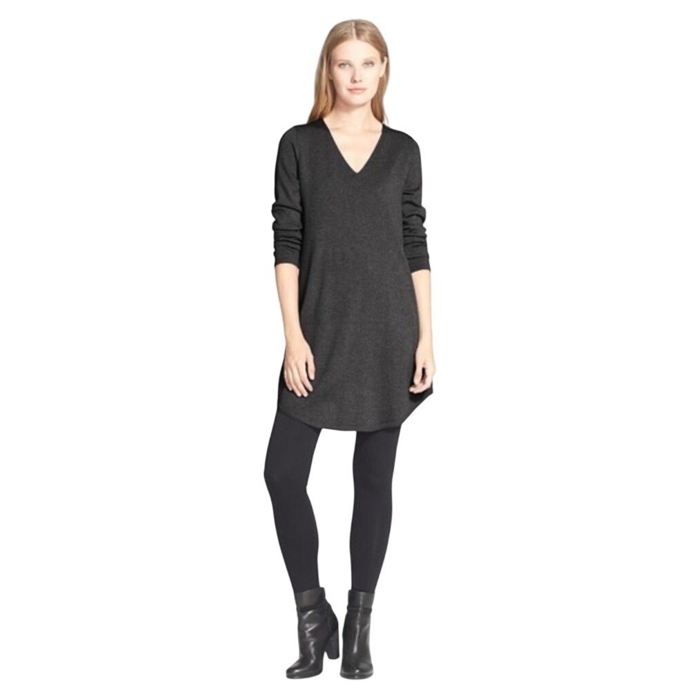 Eileen Fisher wool Sweater Dress Women XS Charcoal V-Neck Tunic EUC
